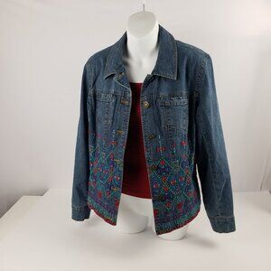 Coldwater Creek PXS Denim Lined Jean Jacket Womens Embroidery Distressed Coat